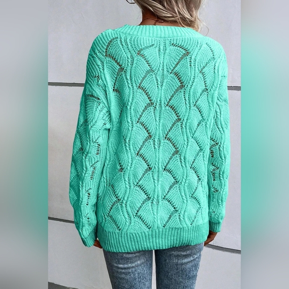 Openwork V-Neck Long Sleeve Turquoise Sweater - Picture 3 of 7